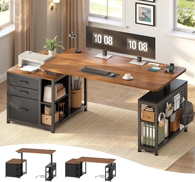 SEDETA Electric Standing Desk with 3 Fabric Drawers, 61" Height Adjustable Office Executive Desk with Storage Drawers, Stand up Computer Desk with Power Outlet for Home Office (Black + Brown)