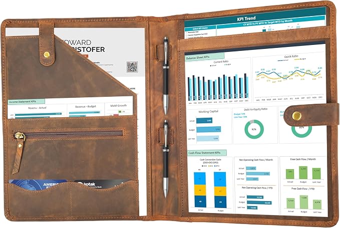 Leather Resume Portfolio Folder for Interview, Professional Padfolio Organizer Binder A4, Graduation & New Job Gift for Men Women – Brown