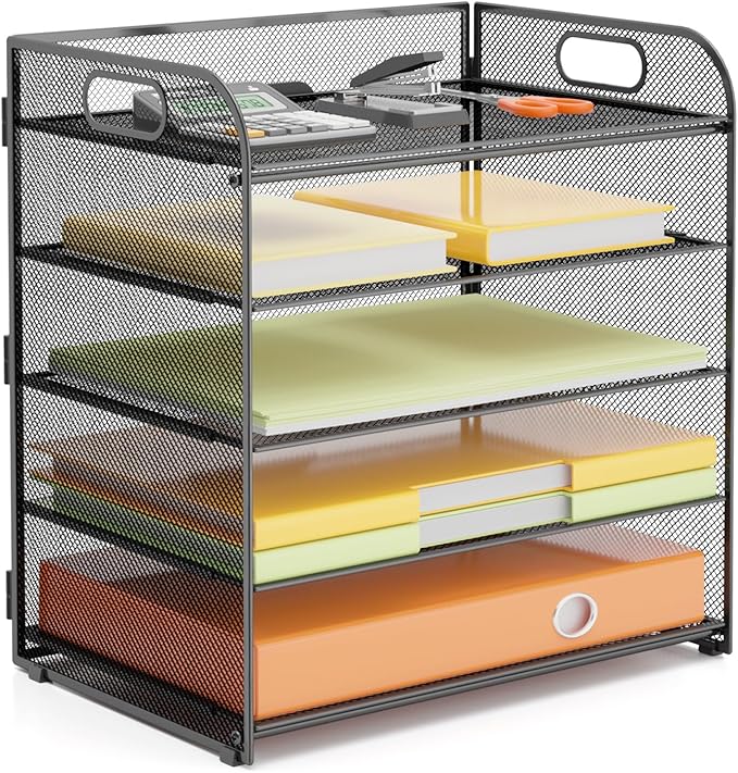 VIEERINN 5 Tier Paper Letter Tray Organizer with Handles, Mesh Desk File Organizer Metal Paper Sorter Holder, Desktop Document Shelf Tray Storage Organization for Office School Home