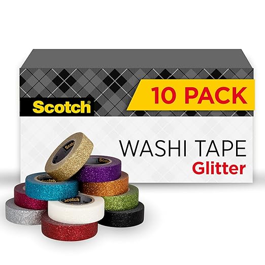 Scotch Glitter Washi Tape, 10 Rolls, Great for Holiday DIY and Wrapping, School Supplies, Craft Supplies, and Teacher Appreciation Gifts (Pack of 80)
