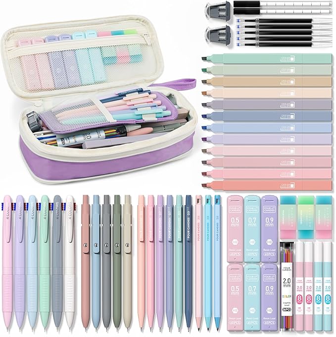 Four Candies 56 PCS Stationery Set, Cute Storage Case with Supplies, 6 Multicolor Pens, 12 Pastel Highlighters, 5 Gel Pens Black Ink, 9 Mechanical Pencils for College Essentials Stuff (Purple)
