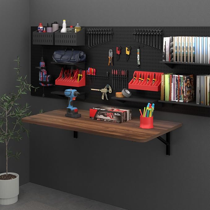Floating Foldable Desk,Wall Mounted - Folding Computer Table with Engineered Wood,Study Table with Shelf Brackets,Fold Down Shelf,Fold Computer Desk for Small Apartment,Holds 500 lb,36" x 22",Walnut