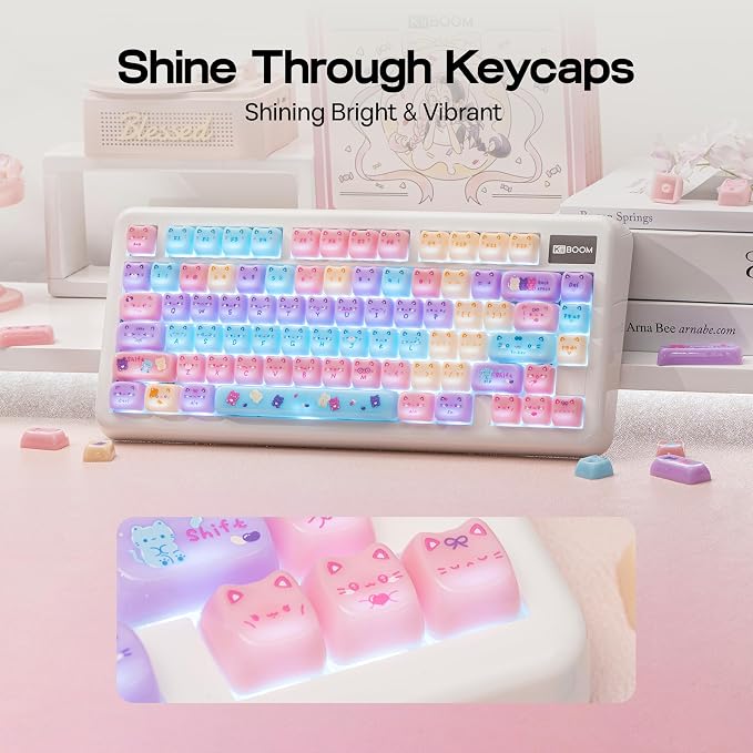 KiiBOOM Cute Cat Keycaps Set, Mao Profile, PC Keycap for MX Switches Mechanical Keyboard, Compatible with 60%, 65%, 75%, TKL, 96%, Full-Sized Layout (Meow Pudding)