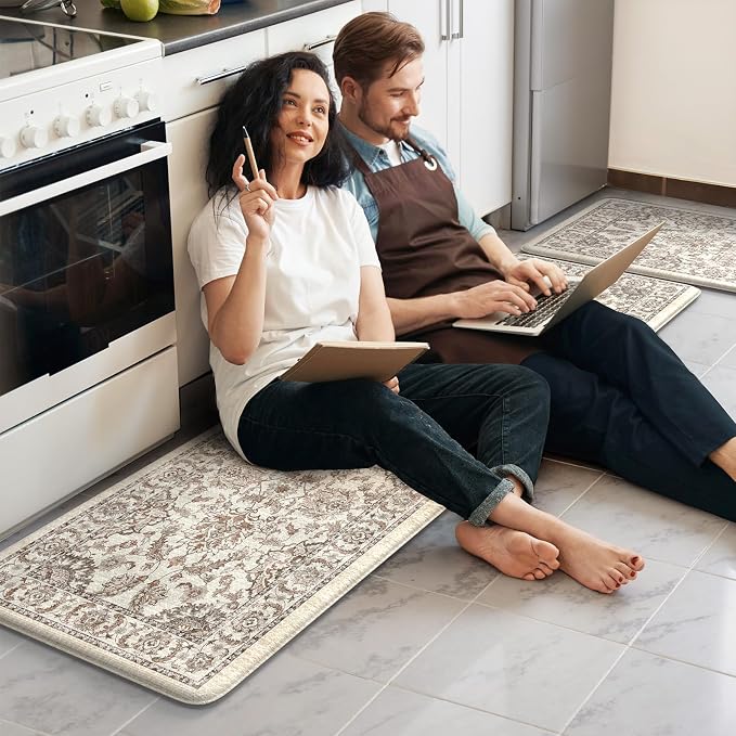 KIMODE Anti Fatigue Kitchen Mats for Floor Cushioned Kitchen Rugs Sets of 2 | 17"x59"+17"x29",Vintage Floral,Khaki,Non-slip,Waterproof,Kitchen Rug,Comfort Foam Paded Mat for Floors Office Laundry Sink