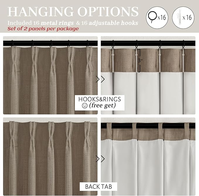 Pinch Pleated Extra Long Blackout 132 Inch Curtains for Living Room, Memory Shape Natural Linen Two Layer Insulated Sound Dampening Floor to Ceiling Windows Drapes 2 Panels 11FT Length Rustic Curtain