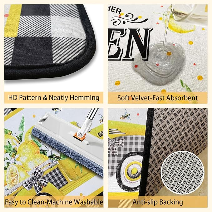 Voanos Lemon Kitchen Rugs,Non Skid Washable Microfiber mats for Kitchen Floor, Lemon Truck Theme Kitchen Cushioned Runner Rug Decor Sets of 2 Pieces,17"x 47"+17"x 30"