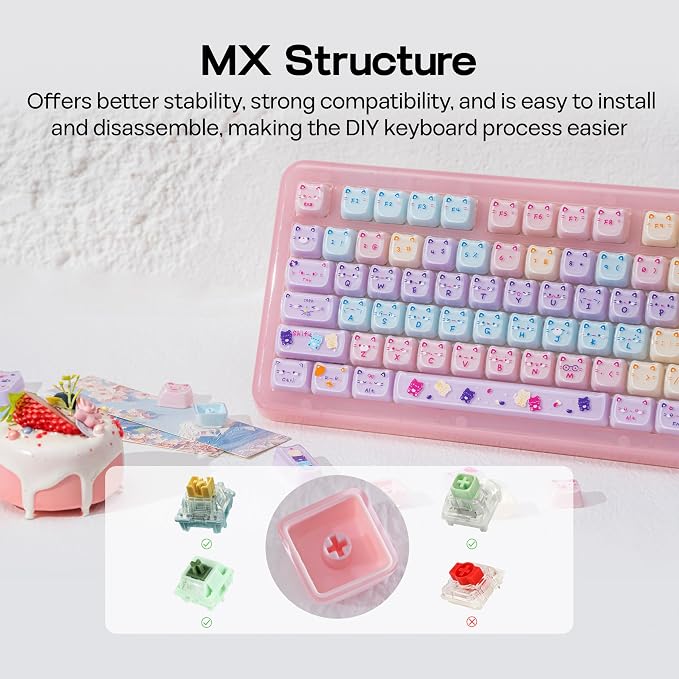 KiiBOOM Cute Cat Keycaps Set, Mao Profile, PC Keycap for MX Switches Mechanical Keyboard, Compatible with 60%, 65%, 75%, TKL, 96%, Full-Sized Layout (Meow Pudding V2)
