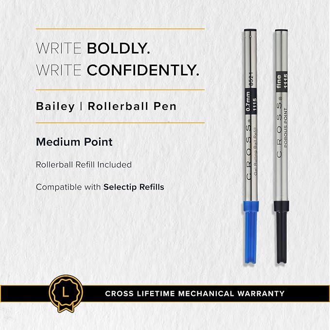 Cross 04557 Bailey Rolling Ball Pen, Black Ink, Black Barrel, Medium