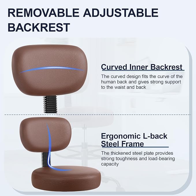 Brick Attic Drafting Chair with Backrest – Adjustable Foot Rest Rolling Stool with Wheels, PU Leather Swivel Stool for Office Spa Studio Lab Counter Salon Home Work Bar Kitchen Shop(Brown)