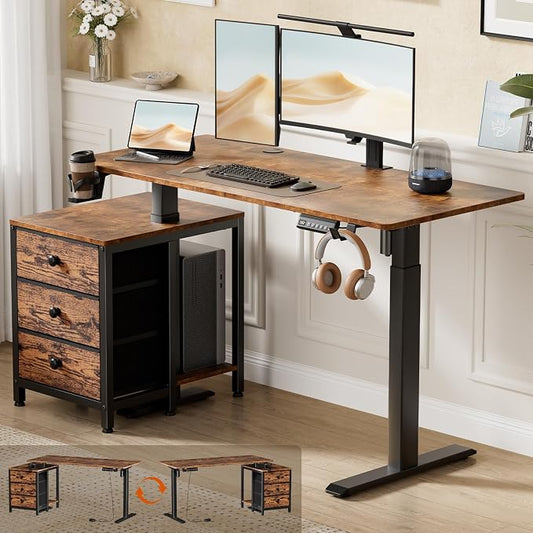 REAHOME 47 Inch Rustic Brown Height Adjustable Standing Desk with Drawers | Dual Motor Sit-Stand Frame With 3 Memory Presets, Printer Cabinet, Hooks & Cable Management For Home Office Gaming Desk