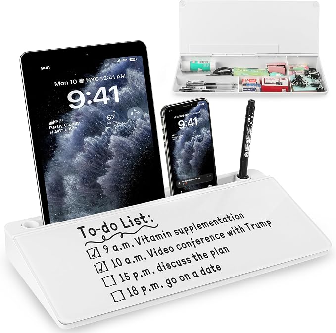Small Desktop Glass Dry Erase whiteboard Organizer with Storage 16 X 7 inches, White