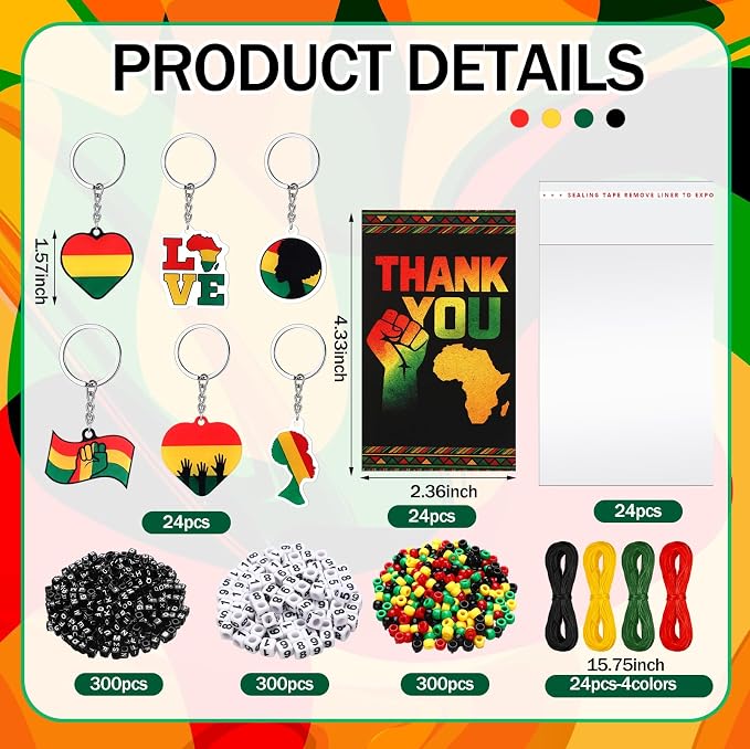 Suncalla 996 Pcs 24 Set Juneteenth Keychain Making Kit DIY 1865 Bead Key Chain Crafts Juneteenth Party Favor Freedom Independence Day Gift Adjustable Letter Card Strings Accessories(Red Yellow Green)