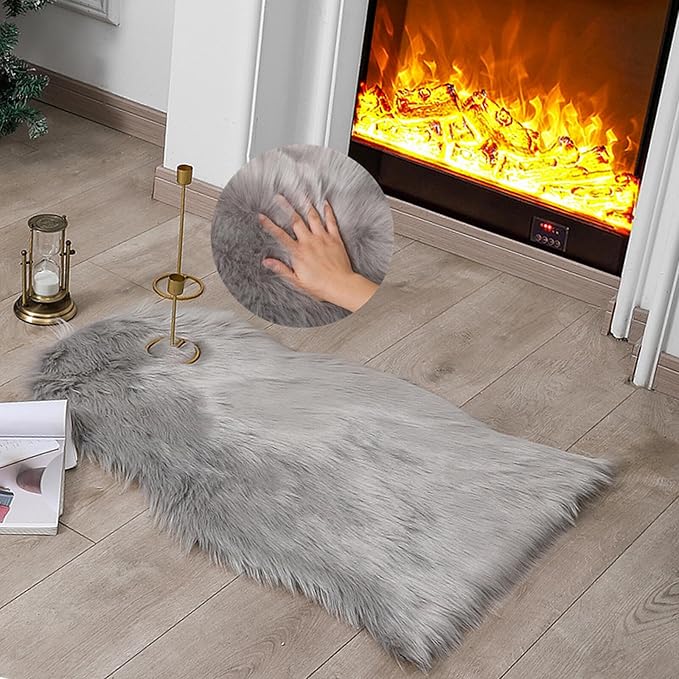 linmopm Faux Fur Sheepskin Rug, Grey, 2x3 ft | Shag Fluffy Fuzzy, High-Density Cushion, For Bedroom Bedside Living Room, Plush Carpet, Sofa Cover