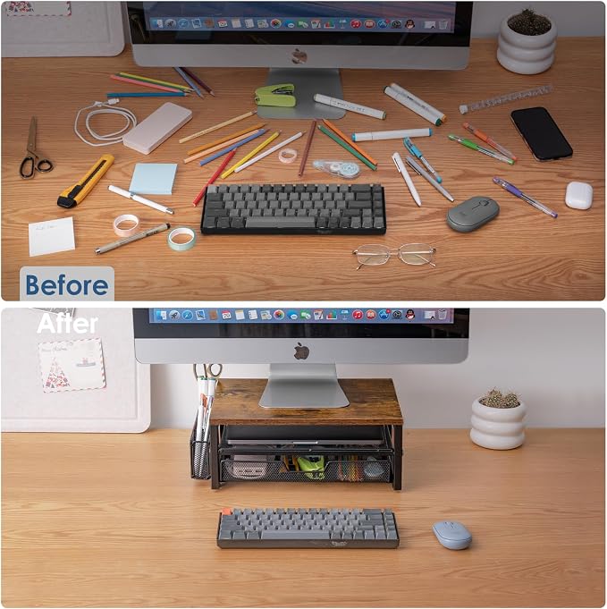 ARCOBIS Monitor Riser with Drawers and Pen Holders | Wood & Mesh Metal Computer Monitor Stand with Storage for Desk, Rustic Brown
