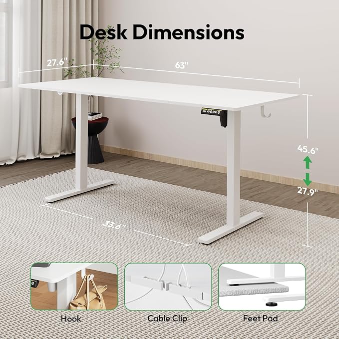 Large Electric Standing Desk,63x28 Inches Adjustable Height Stand up Desk, Sit Stand Home Office Desk, 3 Preset Heights,Equipped with Hooks,Ergonomic Computer Desk Workstation，White