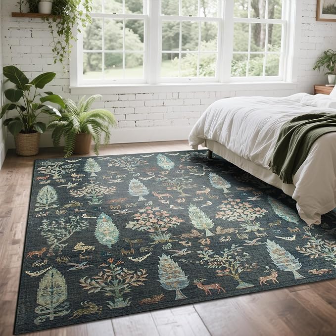 Srugn Washable Rugs 8x10 Area Rugs for Living Room,Bedroom,Dining Room- Large Ultra Soft Faux Wool Retro Carpet,Non Slip&Non-Shedding Low Pile Vintage Print Rug for Home Office Dorm-Dark Green