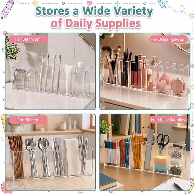 Mototo Acrylic Pen Holder Back to School 6 Compartments Pencil Organizer | Clear Pencil Cup Desktop Caddy Makeup Brush Storage Solution for Cosmetic Office Bathroom Kitchen Home Coffee Bar Container