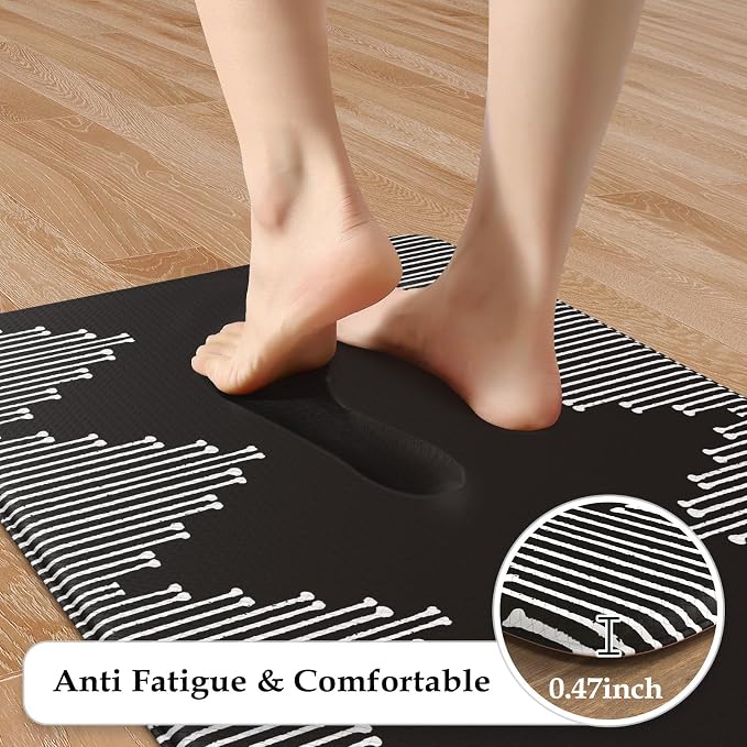 KIMODE Anti Fatigue Kitchen Mats,Black Boho Kitchen Rugs,Standing Desk Mats | Padded Kitchen Mat for Floor, Cushioned Kitchen Mats for Floor 2 Piece for Laundry Office Sink Dormitory RV 17"x47"+17"x29"