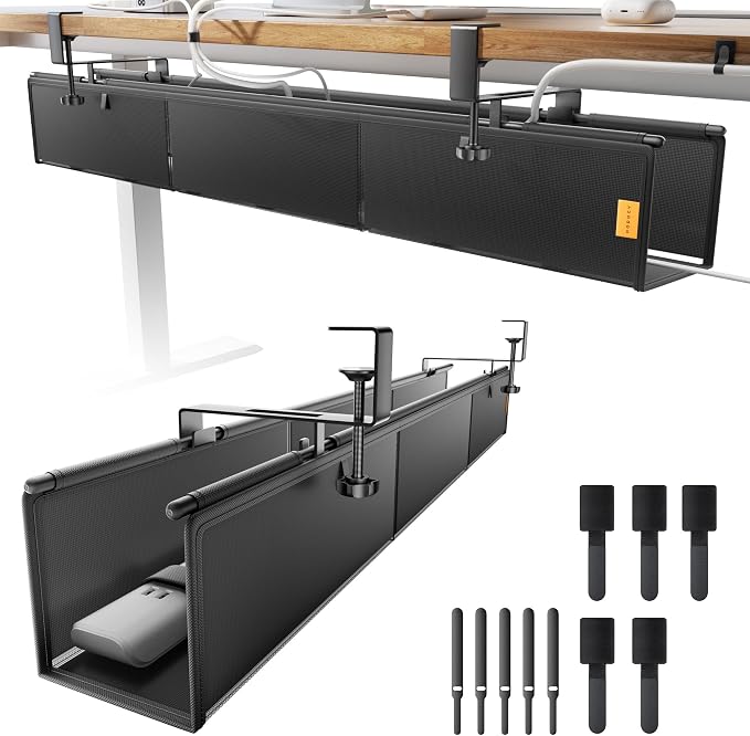 39" No Drill Under Desk Cable Management Tray (Black) | Fire-Resistant Thickened Nylon Material, Clip-on Cord Organizer to Hide Power Strip, Heat Dissipation Mesh Design, for Office