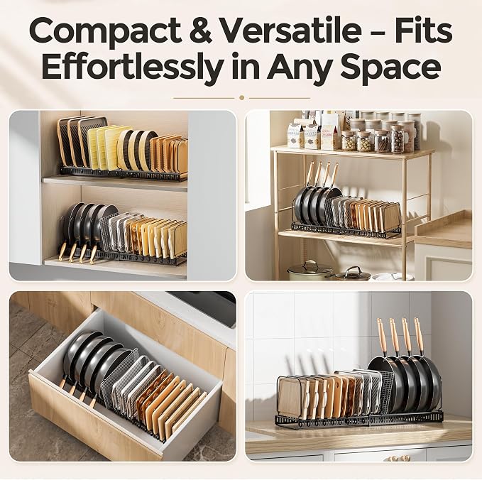MUDEELA Expandable Cutting Board Organizer Pot Lids Rack 15 Dividers 1-Pack | Expandable Pots and Pans Organizer under Cabinet, 15 Adjustable Dividers, Fits Bakeware Cookie Sheet Baking Tray Muffin Tin