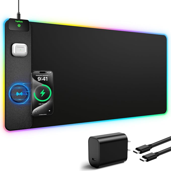 TopMade Wireless Charging Mouse Pad, RGB Gaming Mousepad Home Office Desk Pad, 31.5” x 15.8” XXL Large Desk Mat, Waterproof Keyboard Pad, Black (Includes 20W PD Power Adapter & 6.56ft Woven Cable)