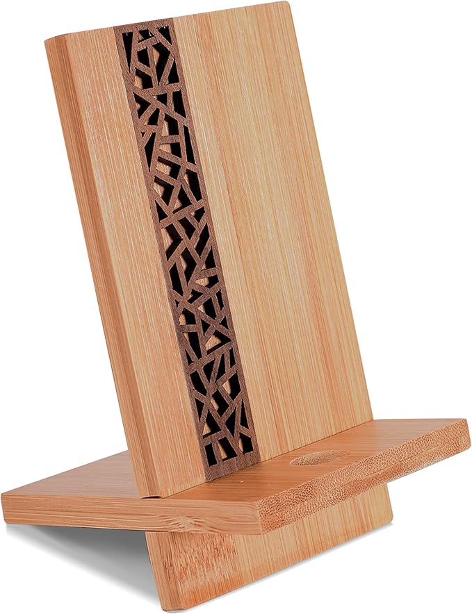 Mobile Stand Japanese Style Cellphone Holder Desktop Organizer Charging Station Compatible with All Smartphones Tablets Natural Bamboo Wood Portable Adjustable Angle (Pattern-Hole)