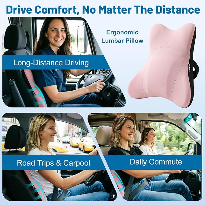Lumbar Support Pillow, Memory Foam Back Cushion for Car & Office Chair - Pink