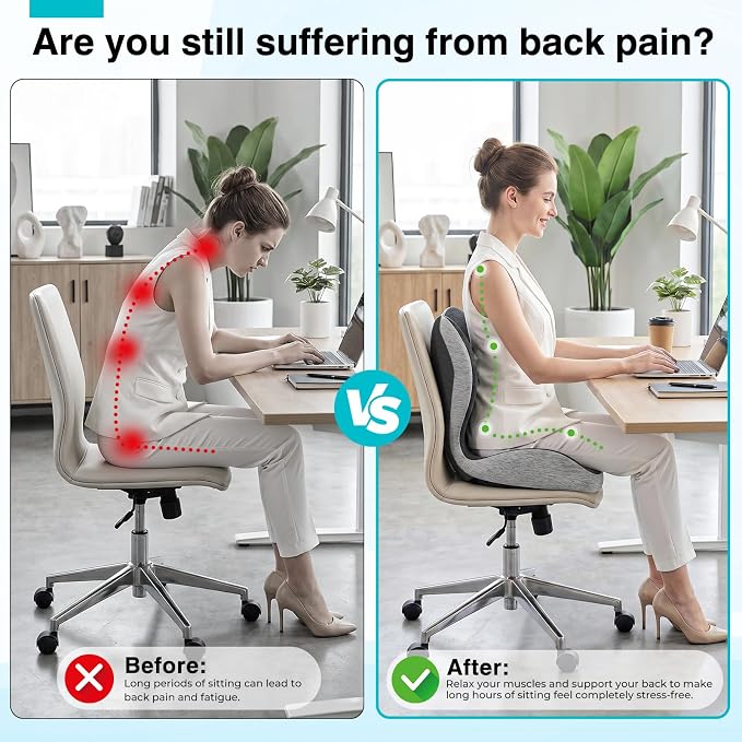 Seat Cushion for Office Chair and Car, L-Shaped Memory Foam Truck Driver Seat Cushion, Ergonomic Sciatica & Tailbone Pain Relief Cushion with Non-Slip Breathable Cover, Back Support for Office Chair