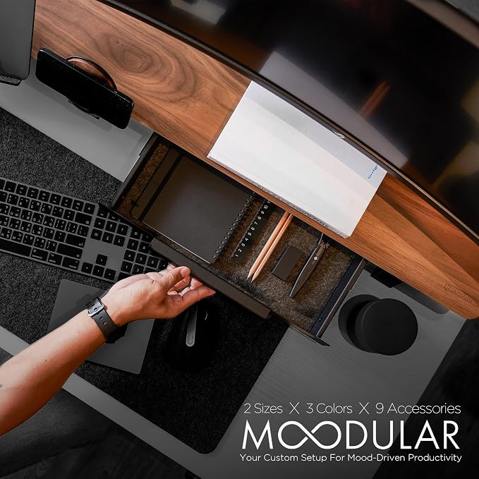 Moodular Wooden Monitor Stand Desk Organizer, Large 45.6" Walnut | Customizable Organized Workspace, Aluminum Slide Rails, 10 Add-Ons Sold Separately: Storage Drawer, Tablet, Phone & More