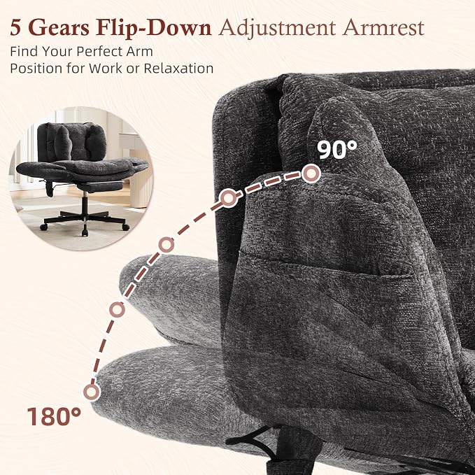 Criss Cross Office Chair with Footrest and 5-Gear Adjustable Arms, Black | Wide seat cross-legged desk chair, flip lumbar pillow, airbag support, chenille fabric, for home office vanity and meditation