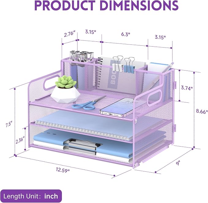 3-Tier Desk Organizer with Pen Holder and Handles, Paper Organizer, Purple | Desk Organizer and Paper Organizer for Desk with Pen Holder, Paper Trays and Handles for Files, Mail and Office Supplies