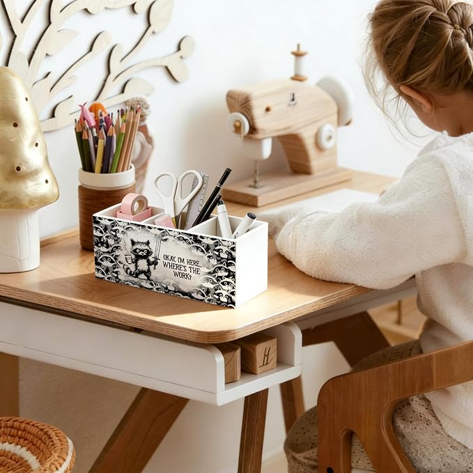 Raccoon Office Wooden Pen Holder for Desk, Gifts for Raccoon Lovers, Where's the Work Humor Trash Panda Pencil Organizer Wooden Box Sign for Office Workplace Home Decoration