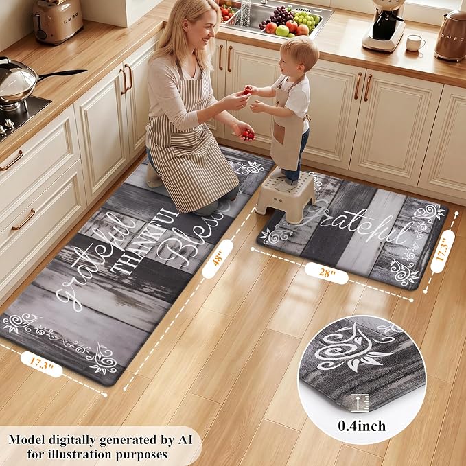 HEBE Anti Fatigue Kitchen Mat Set of 2, Cushioned Kitchen Mats for Floor | Non Slip Waterproof Kitchen Rug and Runner Set, Farmhouse PVC Foam Comfort Mat Floor Carpet for Sink, Standing Desk, Laundry