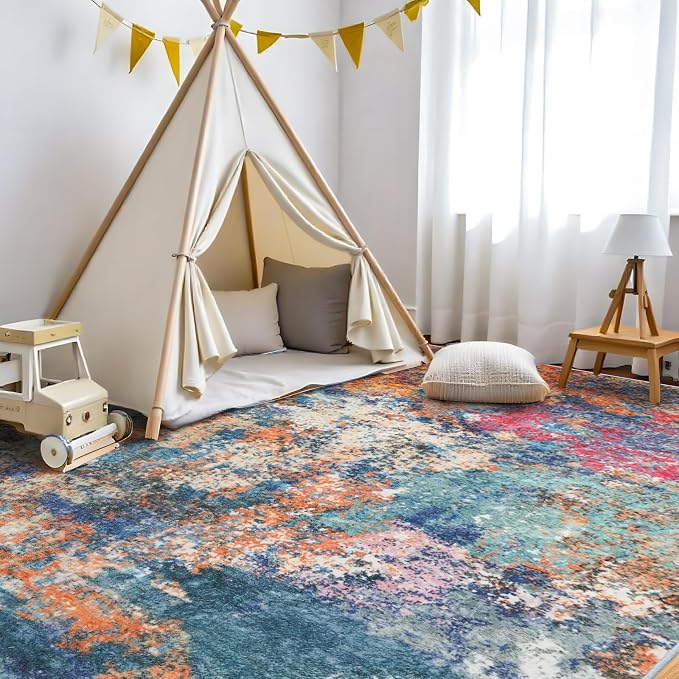 RUUGME Area Rug 9x12 Washable Rug - Soft Living Room Ultra-thin Rug Large Area Rug Indoor Farmhouse Stain Resistant Carpet for Bedroom Non-Slip Machine Washable Distressed Room Dec 9X12 Colorful/multi