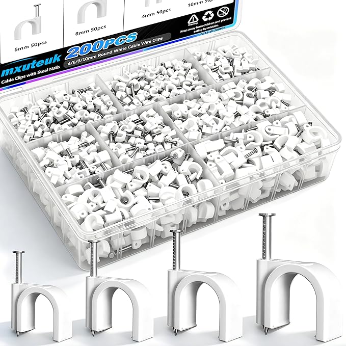 mxuteuk 200PCS Cable Clips with Steel Nails,4/6/8/10mm Round White Cable Wire Clips,Wall Clips for Cords,Cable Cord Clips for RG6 RG59 CAT6 RJ45