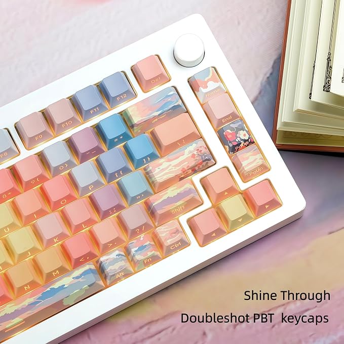 dagaladoo Shine Through keycap Set,Double Shot PBT keycaps 60 75 Percent,dye sub Custom Key caps,Side Printed,Blue/Orange,Cherry Profile Keyboard caps for Machine Keyboard(Sunset)