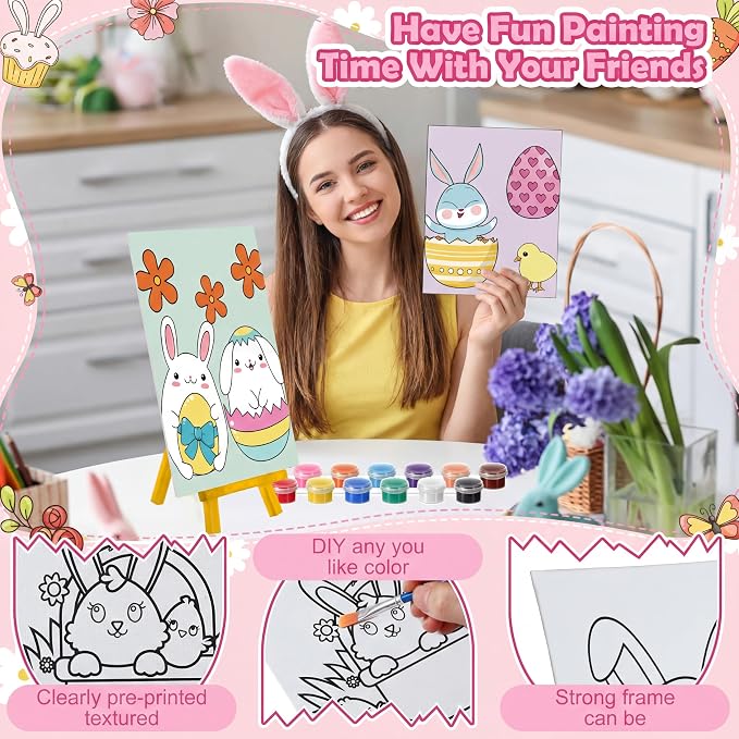 Blosssound 10 Set Easter Pre Printed Canvas Bunny Pre Drawn Canvas Painting with Easel Kits 5" x 7" Outline Painting Panels for Beginners, DIY Craft Project, Party Favor, Home Decors