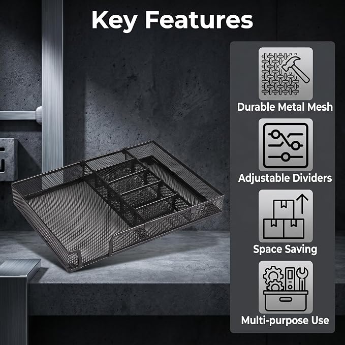 Metal Mesh Desk Drawer Organizer, Desk Organizer Tray with Adjustable Compartments, 4 Dividers Drawer for Office Supplies and Home