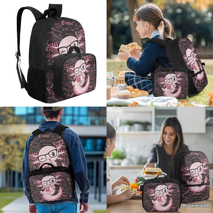 Doojoayie Pink Axolotl Backpack for Elementary School Kawaii Kids Backpacks for Girls with Lunch Box Fashion Lightweight Bookbag with Padded Wide Shoulder Straps for Back to School