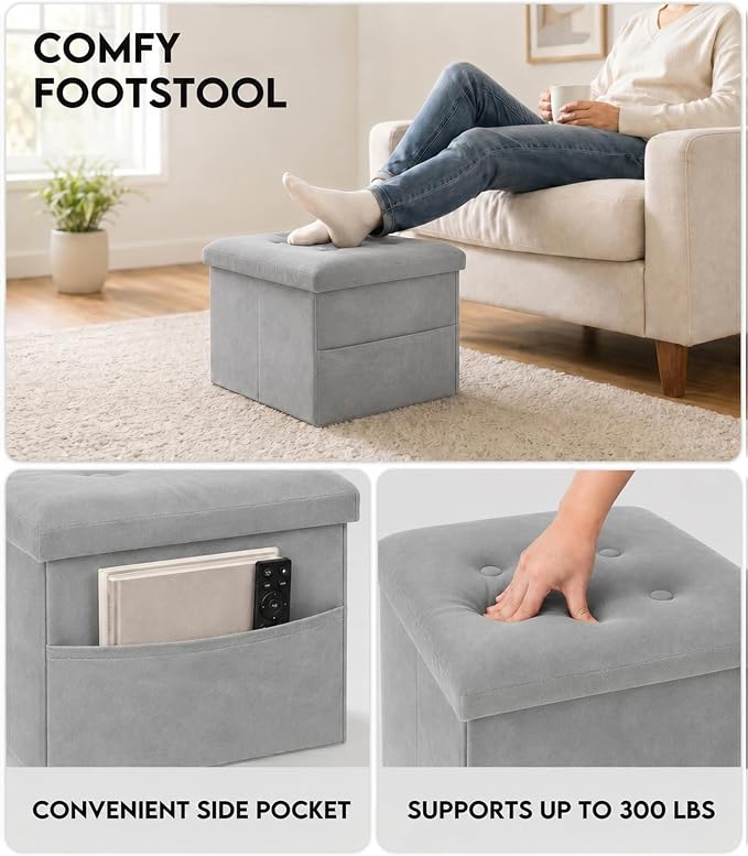 ZOES HOMEWARE Small Storage Ottoman Foot Rest, Velvet Ottoman with Storage and Side Pocket, Pink Foot Rest for Couch, Foldable Footstool Ottoman for Chair,Living Room&Dorm, 16"x12"x12" Grey