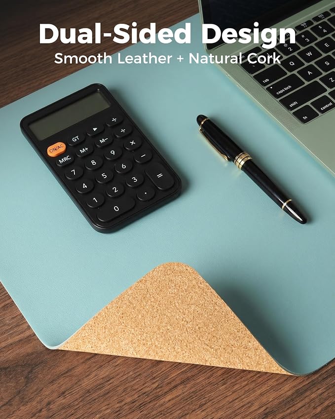 Aothia Cork Desk Mat - Dual-Sided Extra Large Desk Pad & Keyboard Mat, Long PU Leather Desk Protector, Waterproof Desktop Blotter (47" x 17", Blue Topaz)