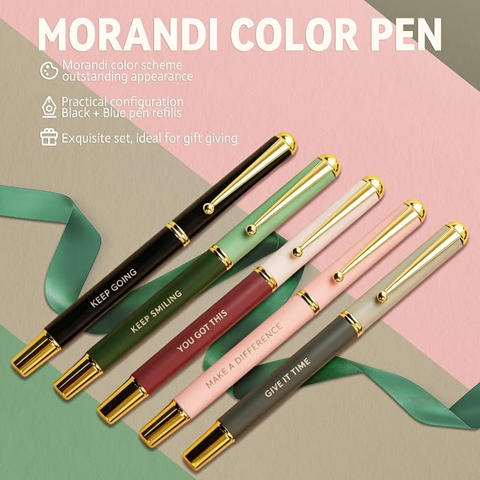 YUNCHUN Luxury Inspirational Rollerball Pen Set Gifts for Women & Men, Metal Pens with Motivational Words, Smooth Black Ink Medium Point, Elegant Executive Gift Pens with Extra Blue Refill, Gray