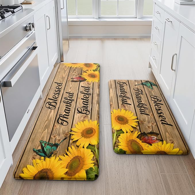 MAYHMYO Sunflower Kitchen Decor Mat Set, 2PC Kitchen Mats, Anti Fatigue | Sunflower Pattern,Cushioned comfort,Non-slip backing,Soft Underfoot,Easy to clean,Water-resistant,Kitchen,Laundry