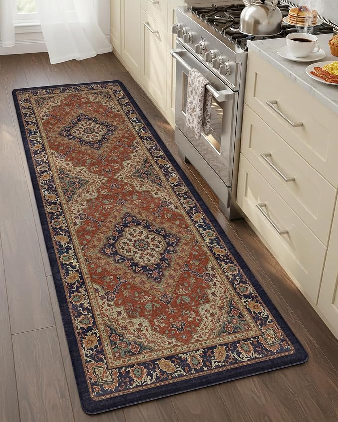 Color&Geometry Kitchen Floor Mat 24x59 Vintage Anti Fatigue, Warm Coral | 0.4in Cushion Standing Mat For Cooking/Working/Laundry, Boho Decor, Non Slip PVC Kitchen Rug, Oil/Water Proof, Anti Slip