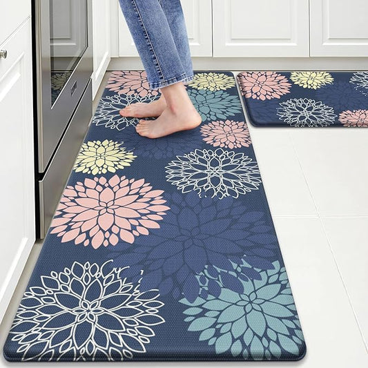 StepLively Kitchen Mats, 2 PCS Cushioned Anti-Fatigue Floral Pattern, Oeko-TEX Certified Washable Non-Slip Standing Mats for Kitchen, Office, Sink & Laundry (17.3"x30"+17.3"x59", Blue)