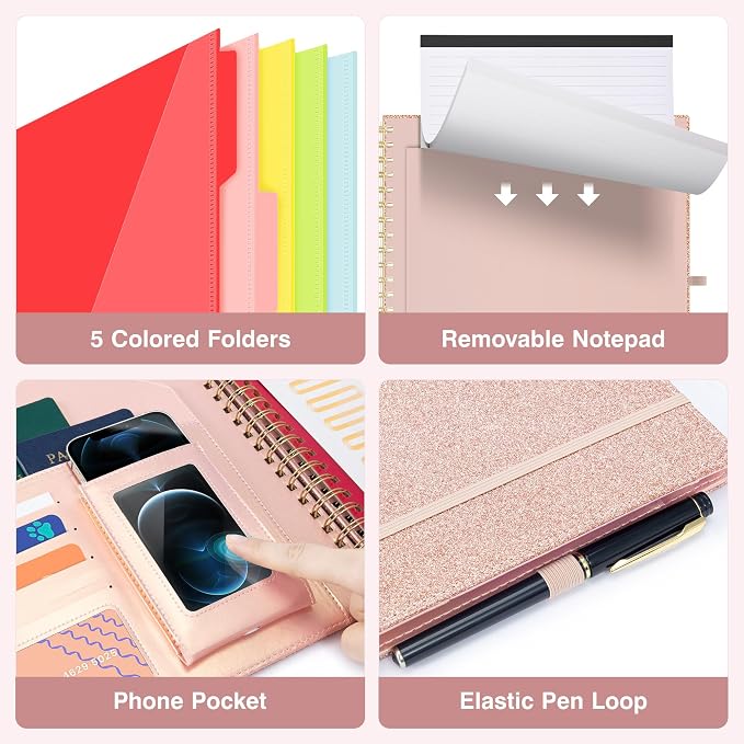 Ospelelf Clipboard with Storage Spiral Clipboard Folio for Letter Size,Organizer Folder with Zipper Pouch and 5 Dividers,Leather Portfolio for Office, School Rose Gold