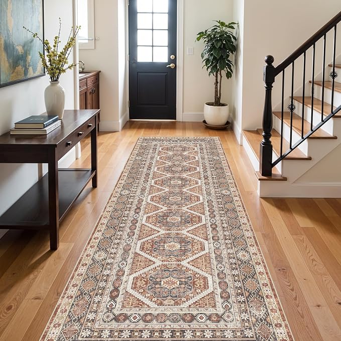 3x10 Runner Rug Kitchen Washable: Oriental Indoor Hallway Runners with Non Slip Backing Floor Mat for Entryway Door Low Pile Thin Carpet for Bedroom Bathroom Living Room Bedside Brick