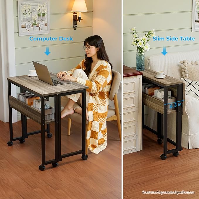 GreenForest Folding Desk with Wheels, 31.5 Inch Compact Rolling Computer Table with Storage Shelf, Portable Mobile Workstation for Small Spaces, Easy Assembly, Grey Wash