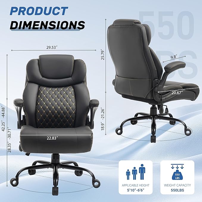 550LBS Big and Tall Office Chair, Comfy Heavy Duty Executive Chair with Adjustable Lumbar Support Double Spaces Casters, PU Leather Extra Wide Seat Ergonomic Computer Desk Chair for Back Pain, Black