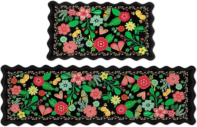 Scalloped Black Kitchen Mats for Floor 2PC Cushioned Anti Fatigue Kitchen Mats Rugs Waterproof Non Slip Boho Floral Comfort Foam Standing Mat for Sink Laundry,17.3x30+17.3x59